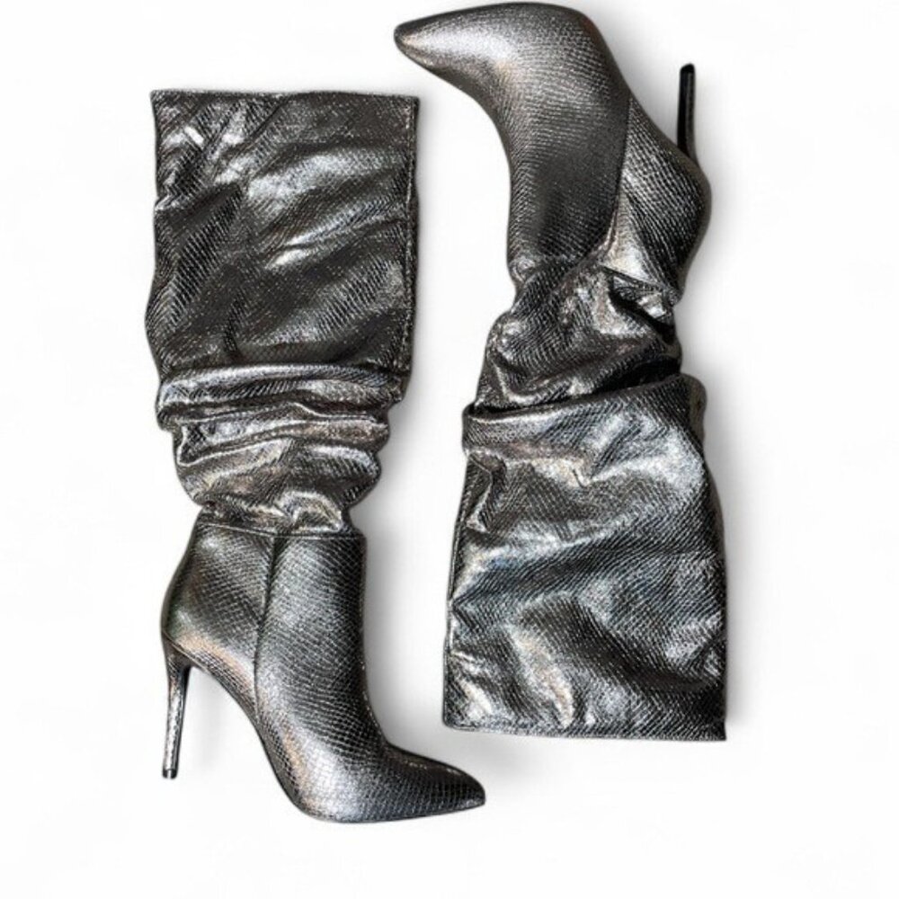 F9- Rouge By Steve Madden Women’s 9 Silver Stiletto Knee-High slouch Boots heel